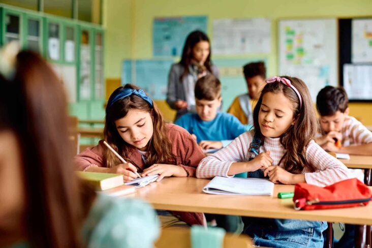 grupos de crianças, que recebem ação social escolar, na saula de aulas a fazer exercícios com o material assegurado por este apoio